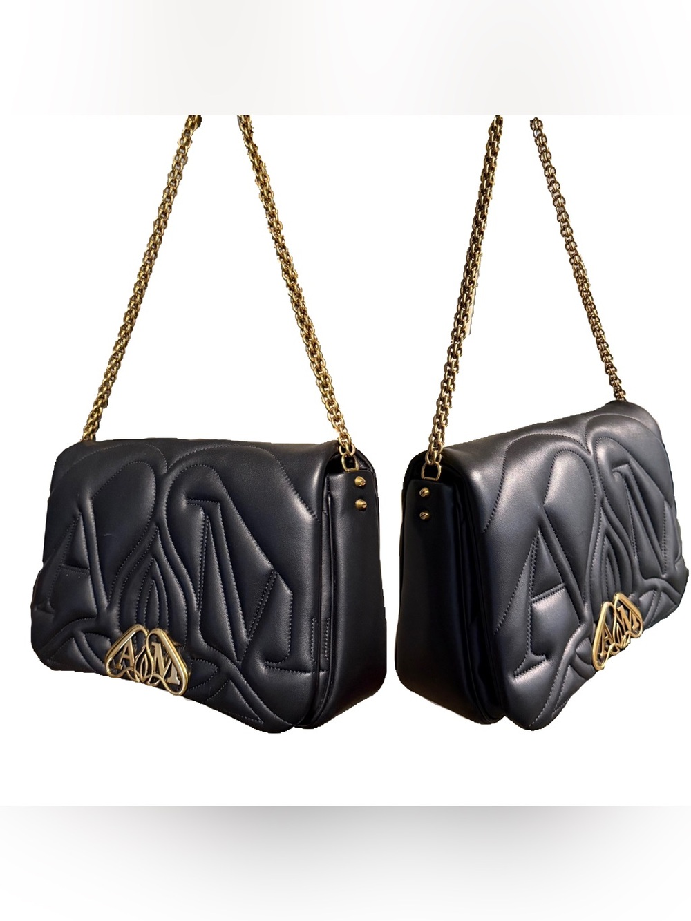 Alexander McQueen The Seal Quilted Black Leather/Gold Metal Large Shoulder Bag